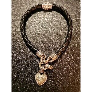 Braided Black Bracelet With Silver Tone Rhinestone Studded Heart